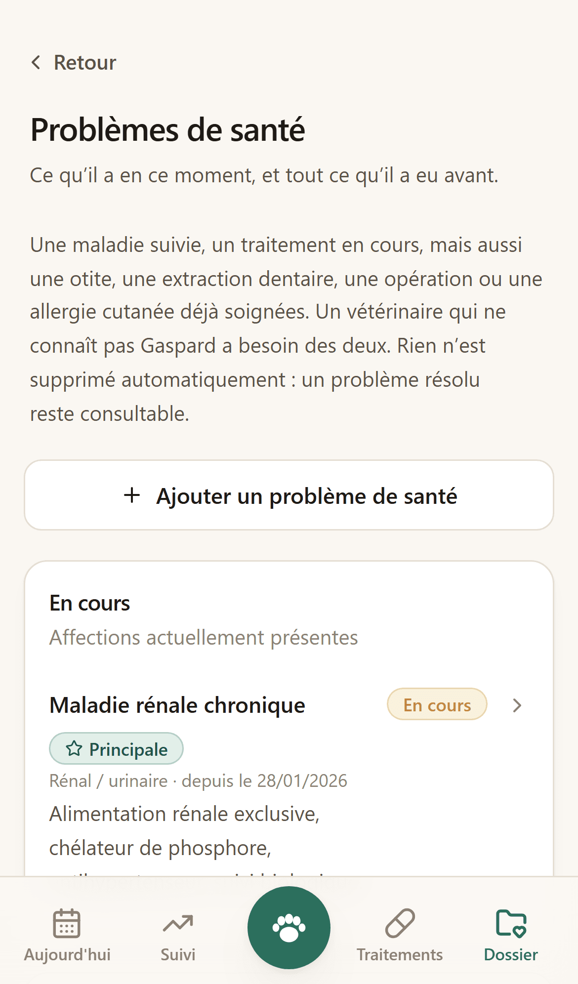 Écran des antécédents : une carte par affection suivie et par allergie.