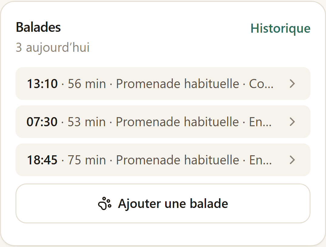 Section Balades de l’écran du jour : les sorties enregistrées et leur durée.
