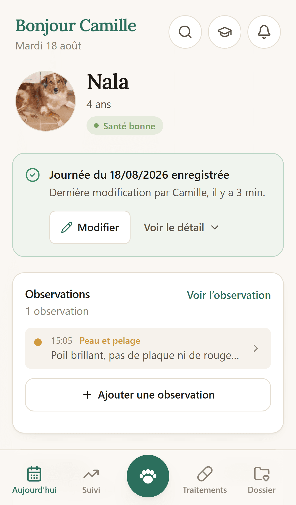 Écran d’accueil de Babinou : la photo de Nala, son âge, l’état du jour, puis les sections traitements, alimentation et balades.