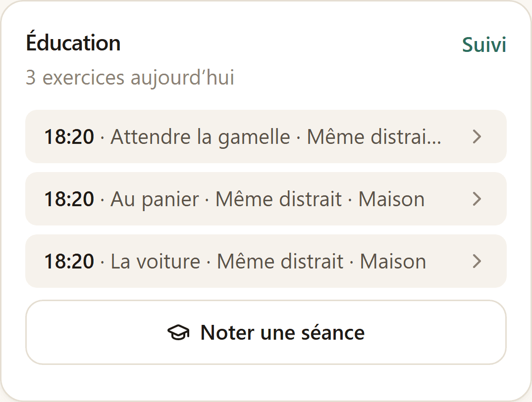 Section Éducation de l’écran du jour : les exercices notés et des propositions au bord pointillé.