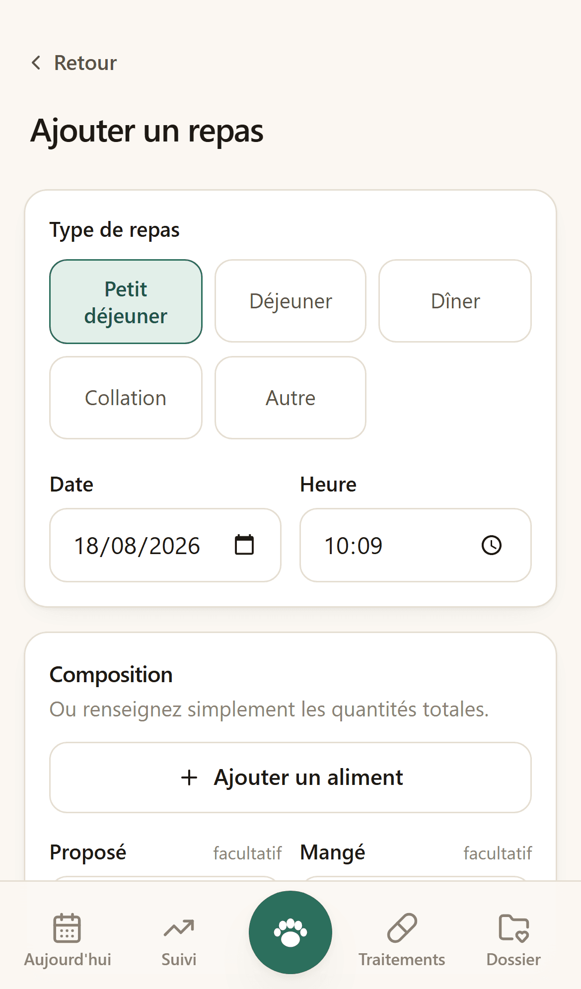 Formulaire de saisie d’un repas : l’aliment, la quantité proposée, la quantité mangée.